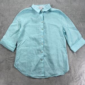 Chico's Shirt Womens 0 Blue Linen Cuffed Sleeve Button Up Casual Leisure
